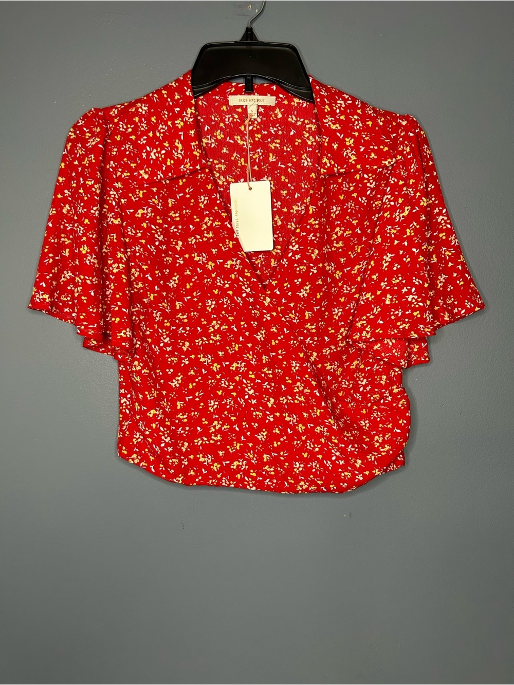 Skies Are Blue Blouse Womens S Red Floral Surplice Wrap Flutter Cropped Top NWT